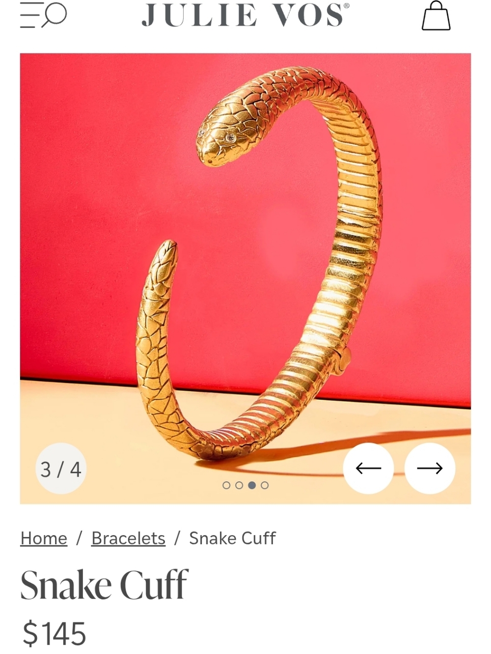 Julie Vos Gold Snake Cuff Bracelet Small - Picture 7 of 8